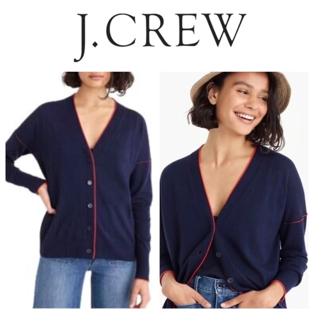 J Crew Cardigan Sweater Large 12 14 Merino Wool Navy Blue Piping Claire Preppy - Picture 1 of 4